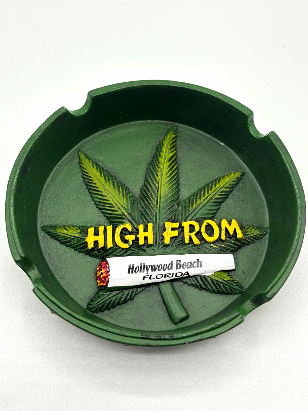High From Hollywood Beach Florida Souvenir Ashtray Green Novelty Resin 4.25”